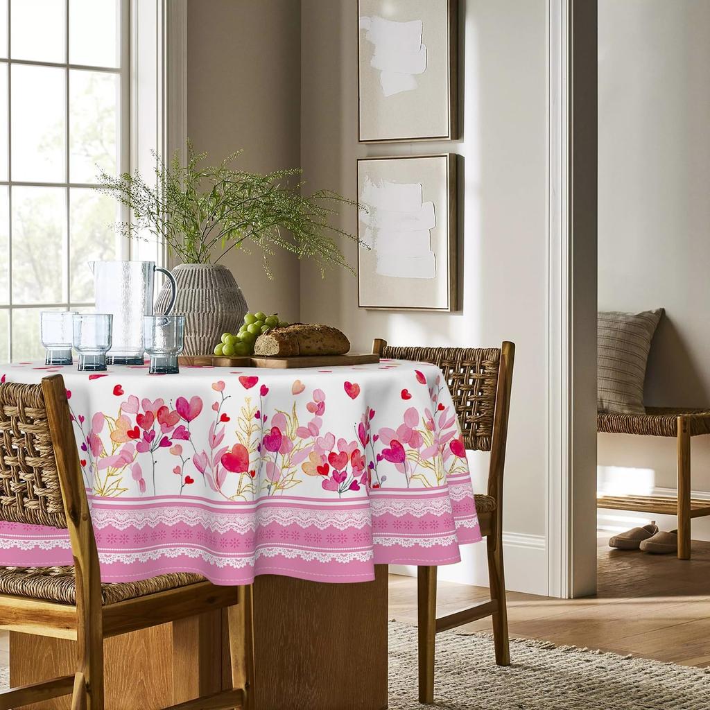 Horaldaily Valentine Tablecloth 60×60 Inch Round, Pink Love Plants Washable Table Cover for Party Picnic Dinner Decor