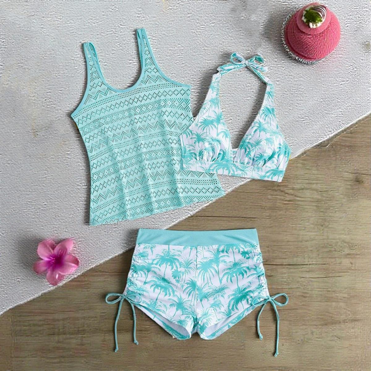 

Deep V coconut tree print boxers with knitted cutout blouse mature vacation ladies suspender tank top Biki S светло-синий