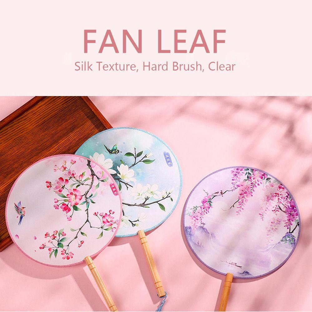 Half Transparent Ancient Style Fan Vintage Printing Long Handle Dance Fan Small Round Ink Painting Silk Fan Wedding Party