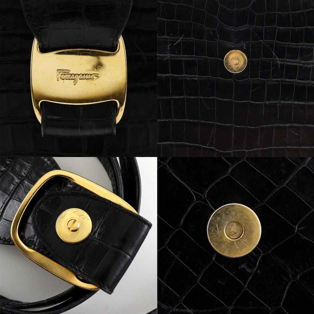 Salvatore Ferragamo Vala Handbag AQ-21 8252 2WAYShoulder Black/gold Embossed Leather Women Used