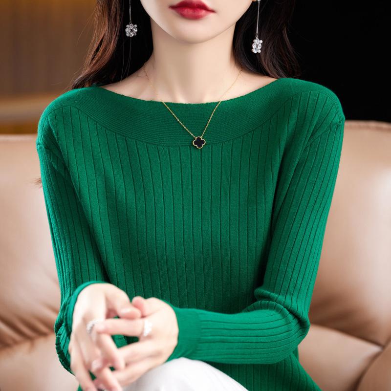 

Новые весенне-осенние вязаные свитера, базовые вязаные шерстяные свитера с вырезом под одну шею, женские с длинным рукавом XXL изумрудный
