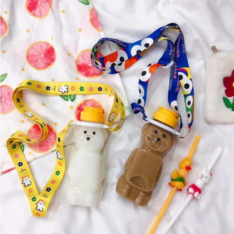 Cute Creative Portable Water Bottle Student Personalized Straw Traveling Plastic Cup Bear Transparent Bottle Child Water Bottles