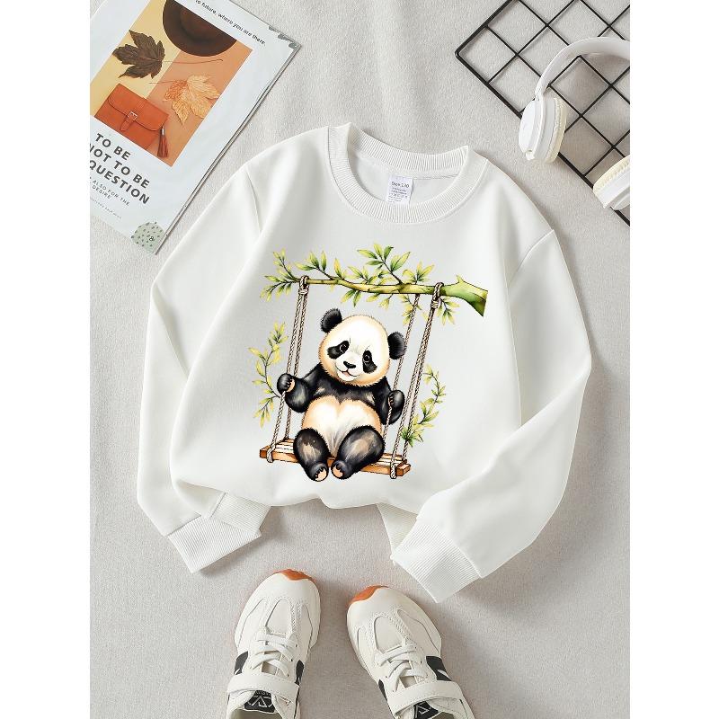 Weiches Rundhals-Sweatshirt für Mädchen mit süßem Panda am Schaukelast und kreativem Print, Lässiger Allrounder für Herbst und Winter, Ideales Weihnachtsgeschenk