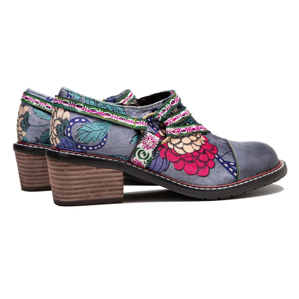 Johnature Handbemalte Echtleder-Pumps für Damen, Retro-Blume, bequeme Schuhe mit Blockabsatz