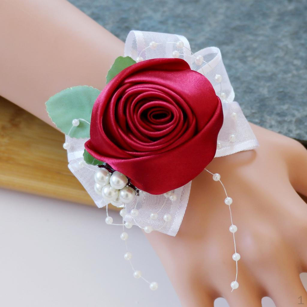 

Artificial Pearls Rose Flower Bridesmaid Corsage Wrist Band Elastic Bracelet Wedding Ceremony Party вина червоного кольору