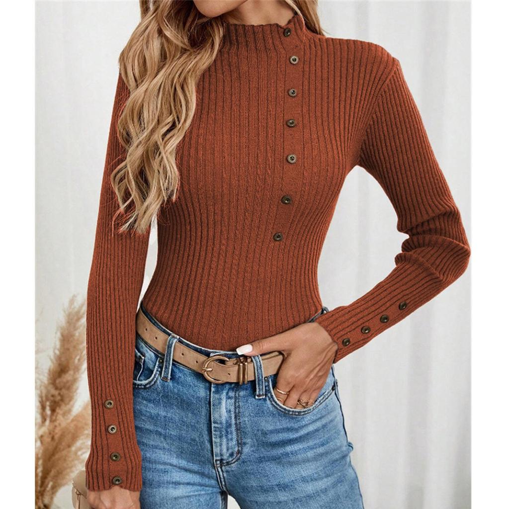 Women's Casual Solid Color Slim Button Knit Sweater Long Sleeved Base Sweater Sweater