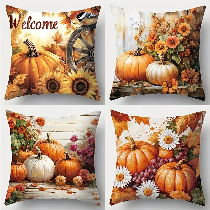 2D Flat - Set of 4pcs 2D Flat Double-Sided Printed Throw Pillow Covers, Autumn Pumpkin Theme with Sunflower Chrysanthemum Grape And Bird Patterns, Dec