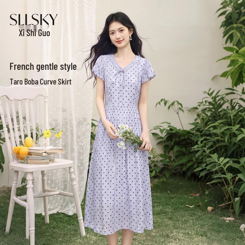 SLLSKY French Style Purple Polka Dot V-Neck Dress 2XL