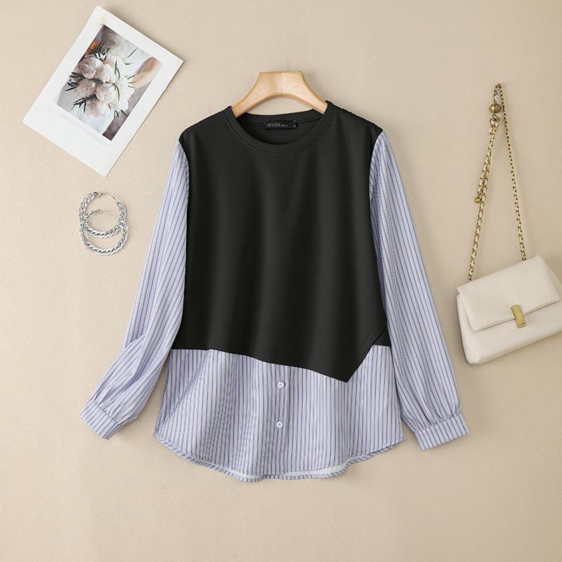 

ZANZEA Женская повседневная блузка с круглым вырезом, в полоску, с длинными рукавами, осенняя 4XL