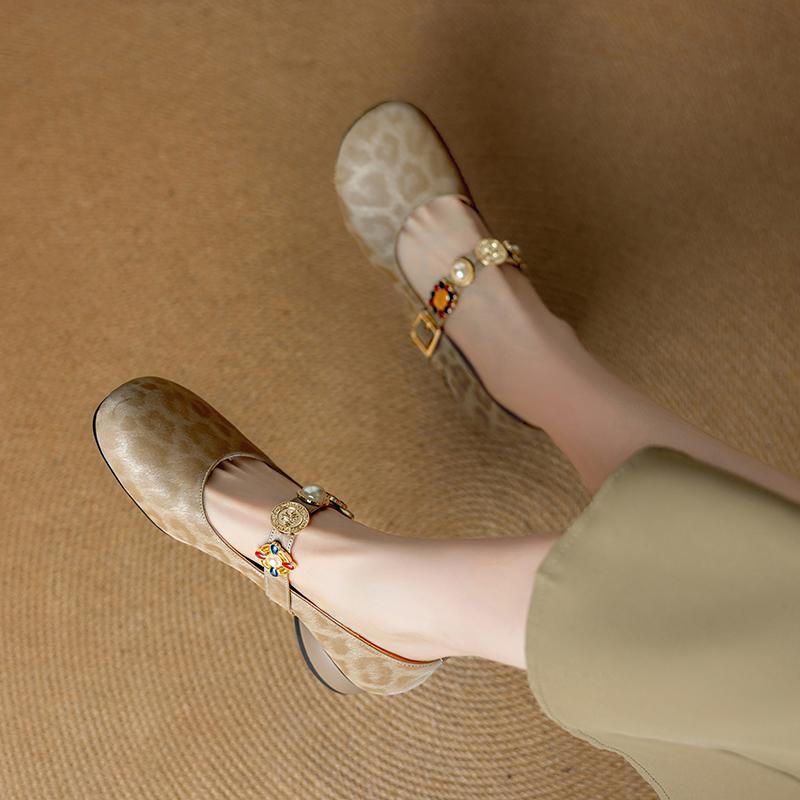 Krazing Pot Stain Sheep Skin Summer Size 40 Mary Janes Low Heels Gray Color Leopard Prints Round Toe Elegant Shallow Pumps