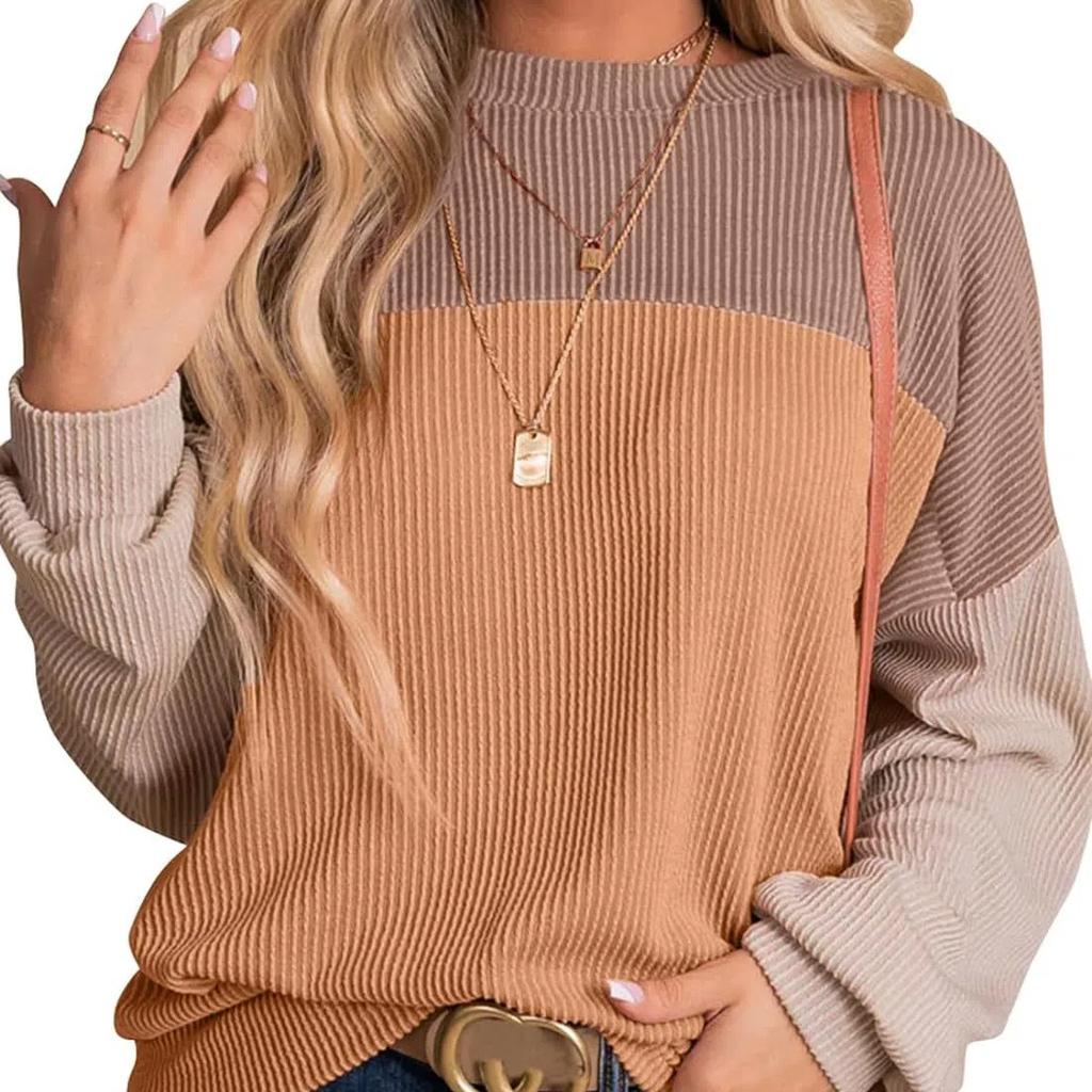 Womens Fashion Color Block Long Sleeve Crewneck Knitted Casual Loose Pullover Shirts Tops Sweatshirt T-Shirt