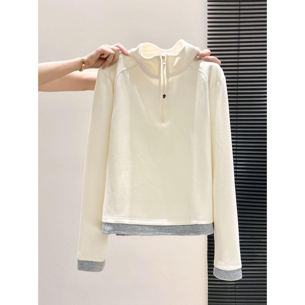 Women's Stylish Contrast Collar Long Sleeve Zipper T-Shirt, Autumn/Winter Brushed Base Layer