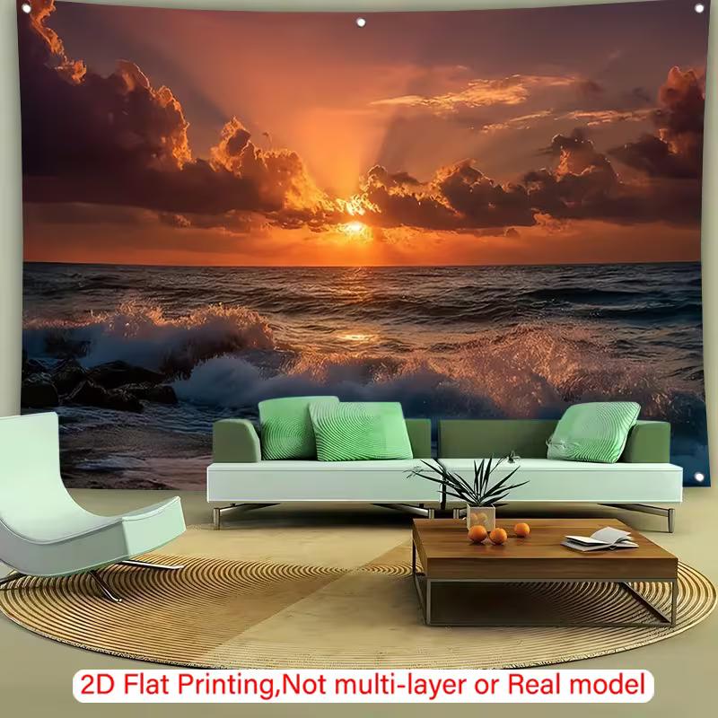 2D Tropical Sunset Tapestry, Crashing Ocean Waves for Bedroom Decor