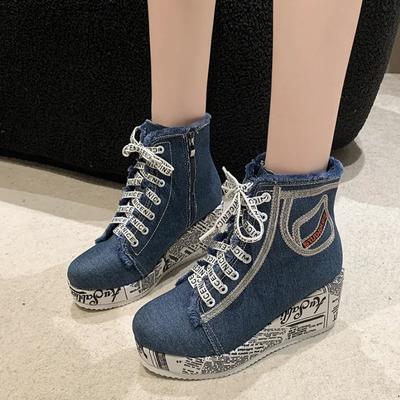 Women New Denim Wedges Sneakers Platform Boots New Casual Vulcanized Shoes Fashion Ladies Side Zipper Fashion Botas 2024