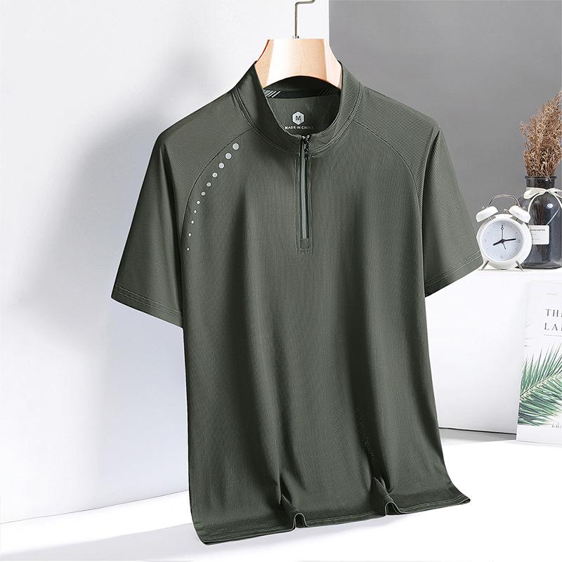 Tricou cu uscare rapidă pentru bărbați, sporturi în aer liber, fitness, cu mâneci scurte, gât rotund, cu jumătate de fermoar, guler ridicat, tricou din mătase de gheață