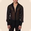 Schwarzes transparentes Hemd für Männer, durchsichtiges Netzhemd, dünnes, langärmliges Revershemd mit V-Ausschnitt, modisches einreihiges Hemd, sexy Basic-Bluse