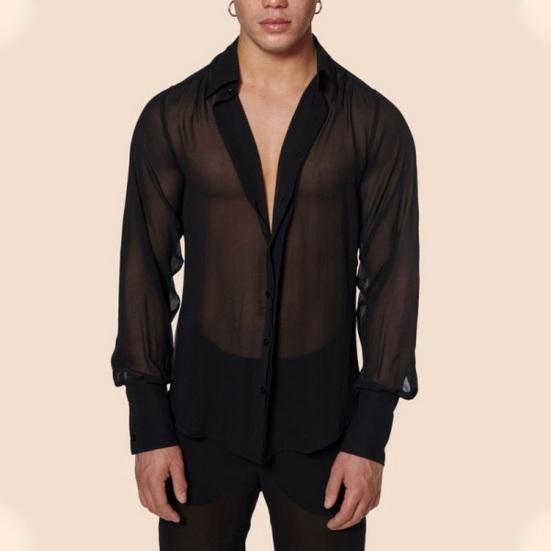 Schwarzes transparentes Hemd für Männer, durchsichtiges Netzhemd, dünnes, langärmliges Revershemd mit V-Ausschnitt, modisches einreihiges Hemd, sexy Basic-Bluse