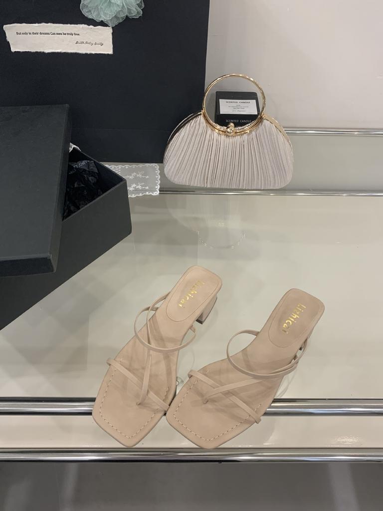 2025 Summer New Thick Heel French Square Toe Cool Slippers Women's Shoes Outside