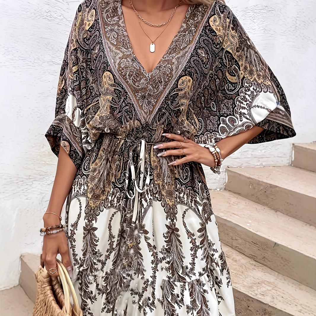 

V-образный вырез, большой подол юбки, повседневное милое праздничное длинное платье с короткими рукавами, эластичная резинка на талии, бохо-принт, цветочный, элегантное платье для женщин M чёрный