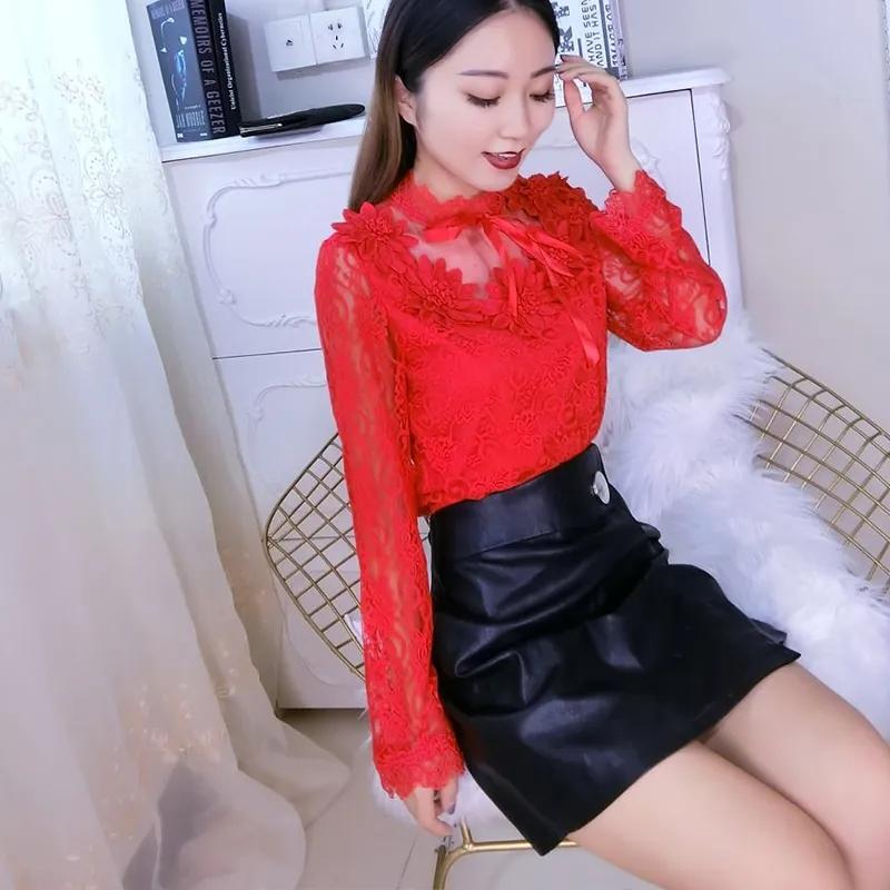 Temperament Lace Bottoming Shirt Women's Autumn and Spring Sweet Stand-up Collar Flowers Sexy Hollow Mesh Top