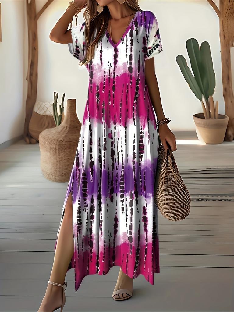 Φόρεμα V-λαιμόκοψη Tie Dye, Κομψό Φόρεμα με Σκίσιμο και Κοντό Μανίκι Για Άνοιξη & Καλοκαίρι, Γυναικεία Ρούχα