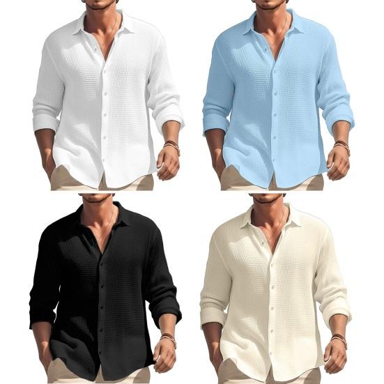 Men Fall Spring Shirt Lapel Single-breasted Solid Color Loose Long Sleeve Casual Soft Breathable Mid Length Men Daily Top