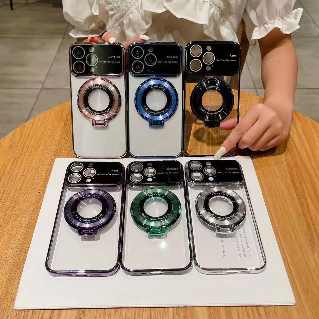 Applicable To Apple 14 Electroplated Large Window Magnetic Suction Bracket Mobile Phone Case IPhone 15 Pro Leak-proof Cover