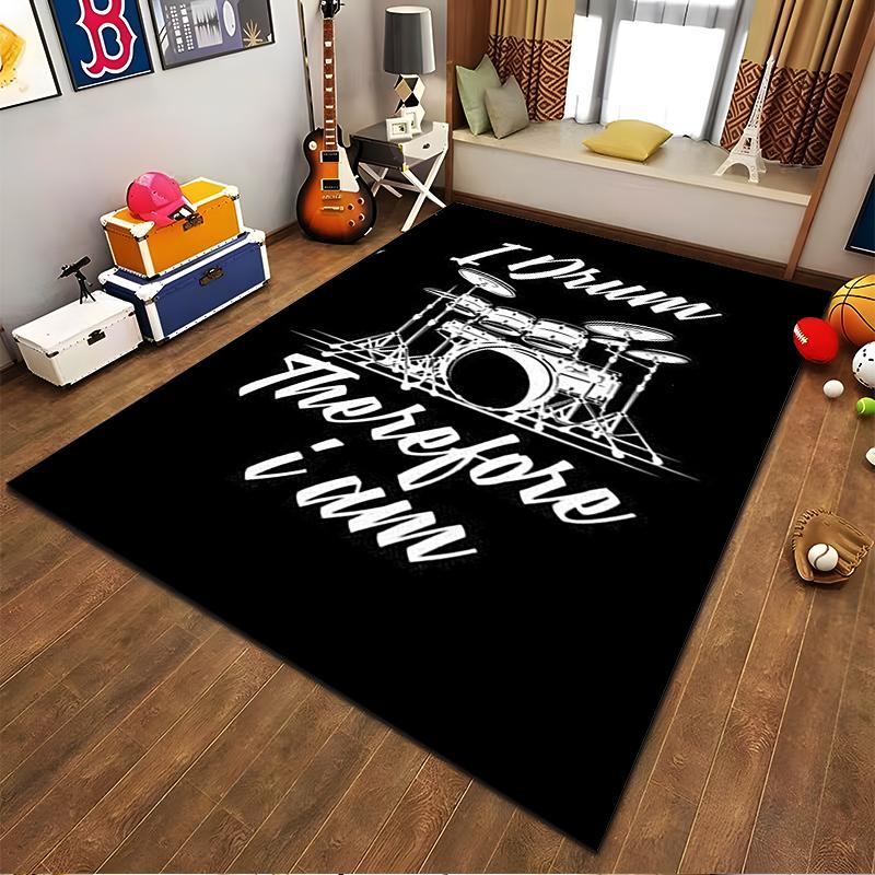 "Black Drum Kit Carpet with 'I Drum Therefore I Am' Lettering Print" Suitable for use as an anti-slip for living room bedroom sofas