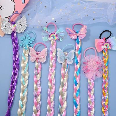 Girls Cute Cartoon Bow Butterfly Colorful Braid Headband Kids Ponytail Holder Rubber Bands Fashion Hair Accessories