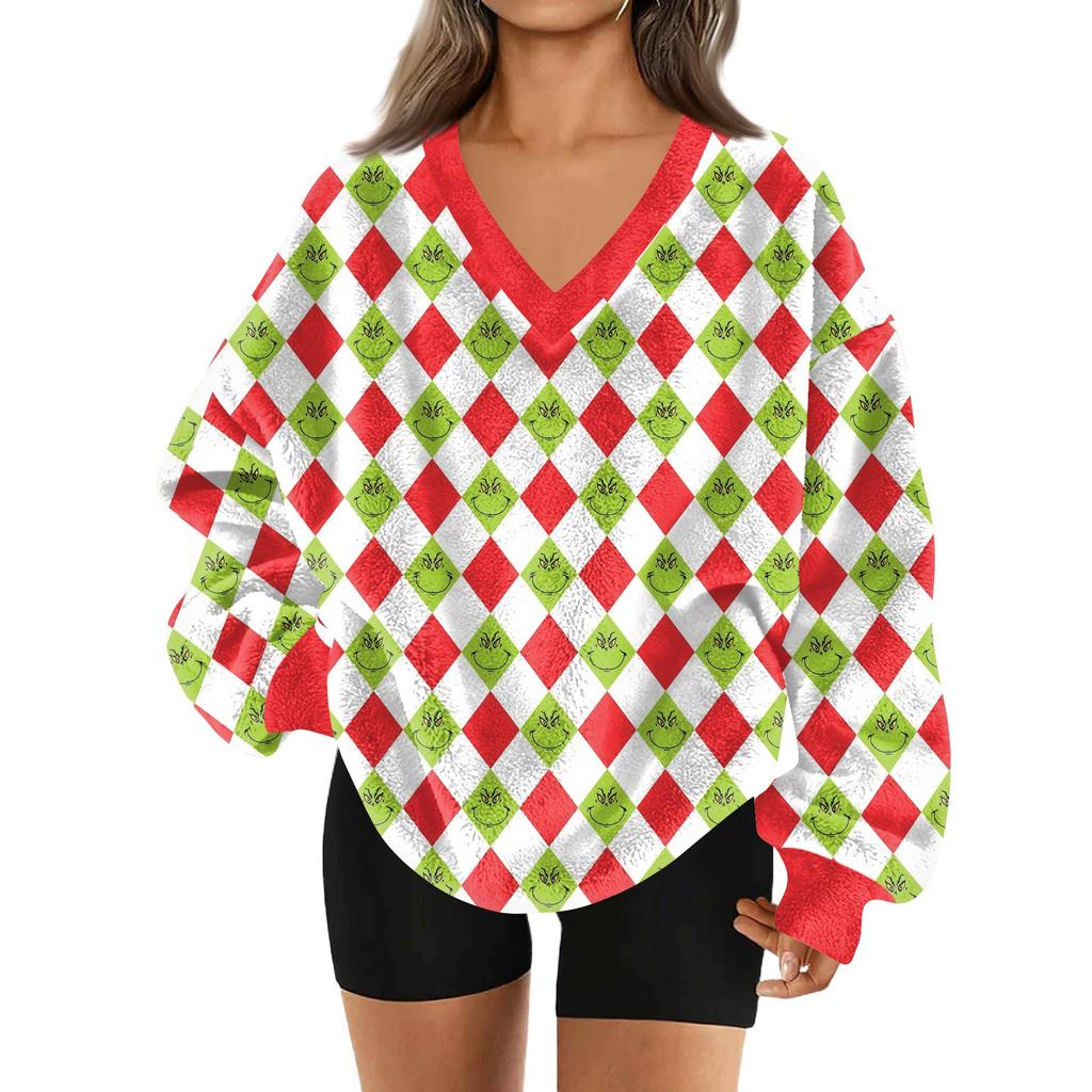 Женский модный пуловер с V-образным вырезом, рождественским принтом, длинным рукавом, повседневный, плюшевый, теплый, с карманом, толстовка, топ