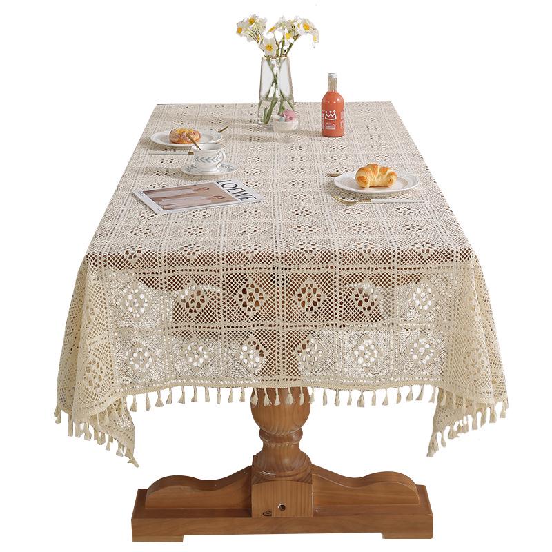 American Retro Beige Crochet Tablecloth - Knitted Non-Slip Hollow Design