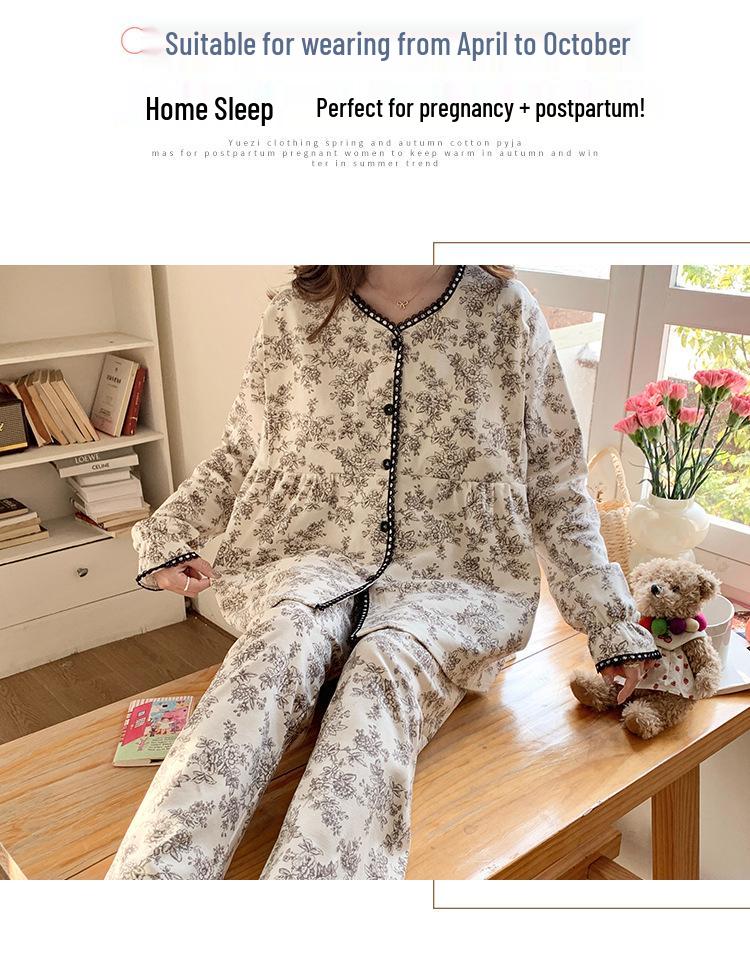 Maternity Pajamas with Built-In Pads for Summer, Postpartum Recovery, Breastfeeding, and Confinement, Suitable for Spring and Autumn.