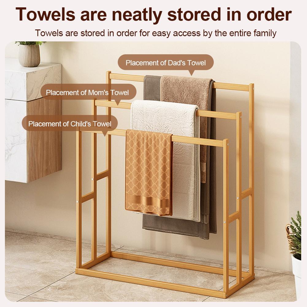 3-Tier Freestanding Towel Rack with 3 Hanging Crossbars Floor Towel Rack Wooden 3-Tier Towel Rack for Bathroom & Hand Towel