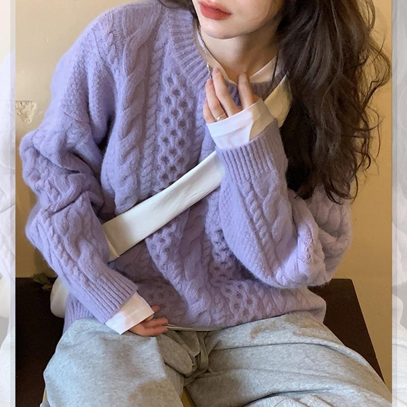 Solid color twist sweet and gentle round neck pullover sweater women's autumn and winter new fashion age-reducing knitted sweater top