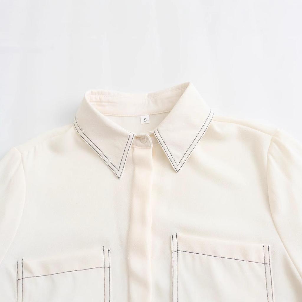2025 Spring European & American Style Women's Color Block Topstitched Shirt