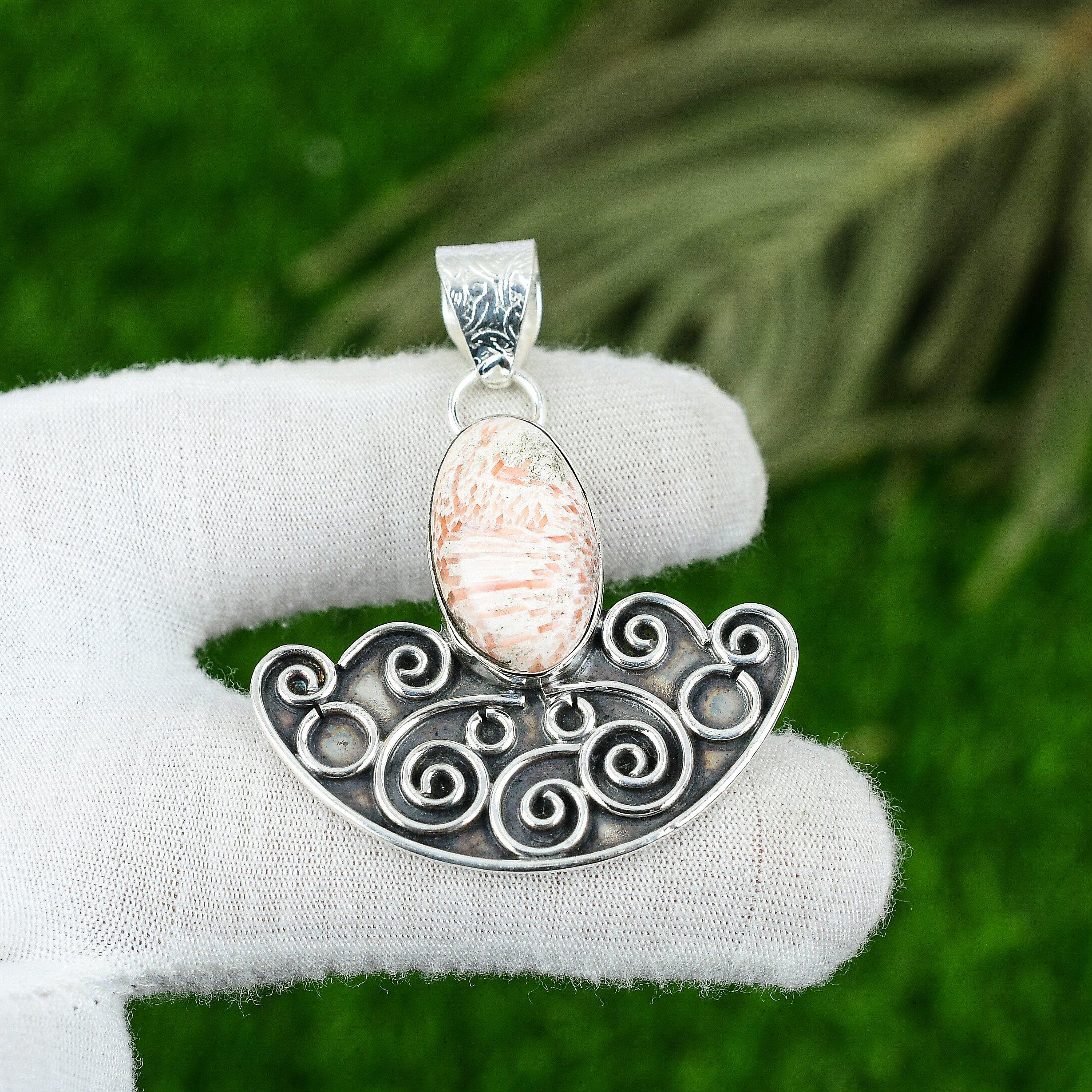 Mothers day Sale Oval Scolecite Stone Bezel Pendant Jewelry 925 Sterling Silver