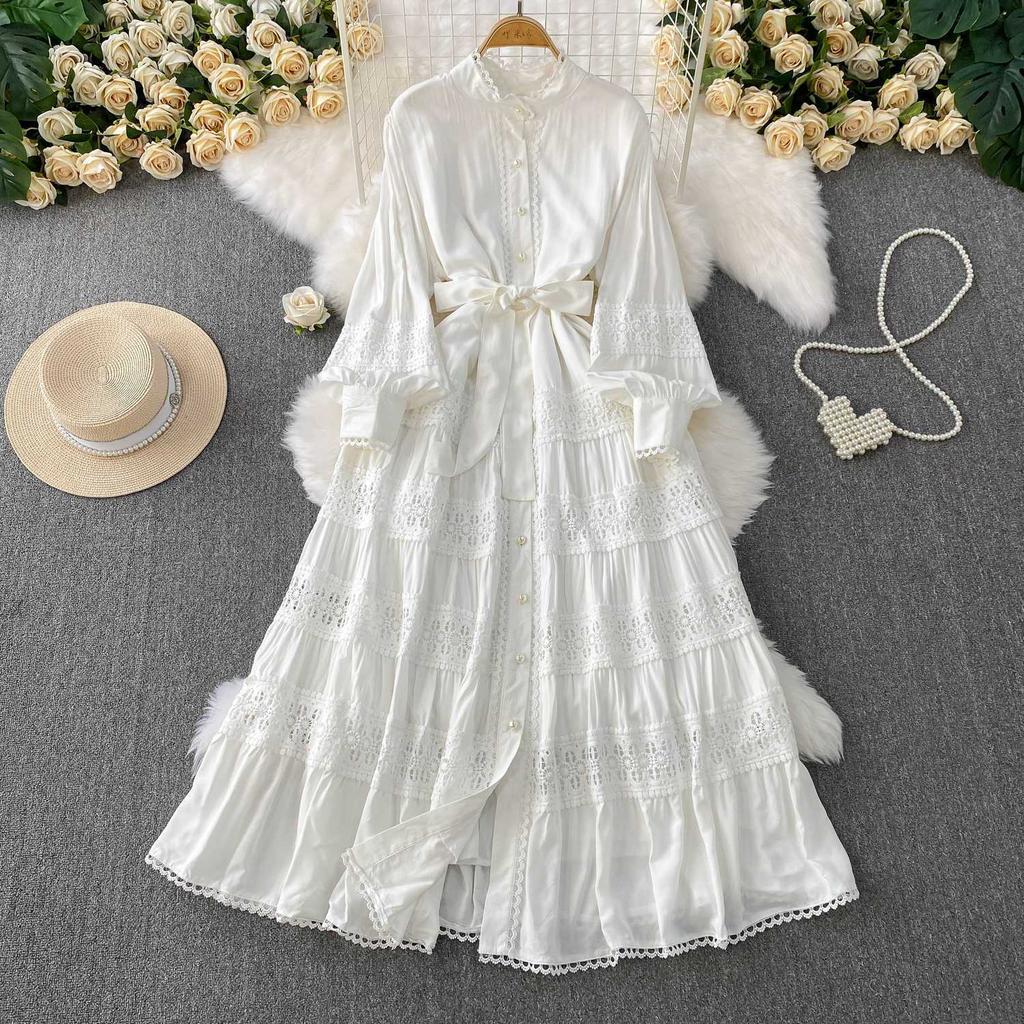 Light luxury celebrity temperament stand-up collar lantern sleeve dress women's summer new lace splicing waist and thin big swing dress