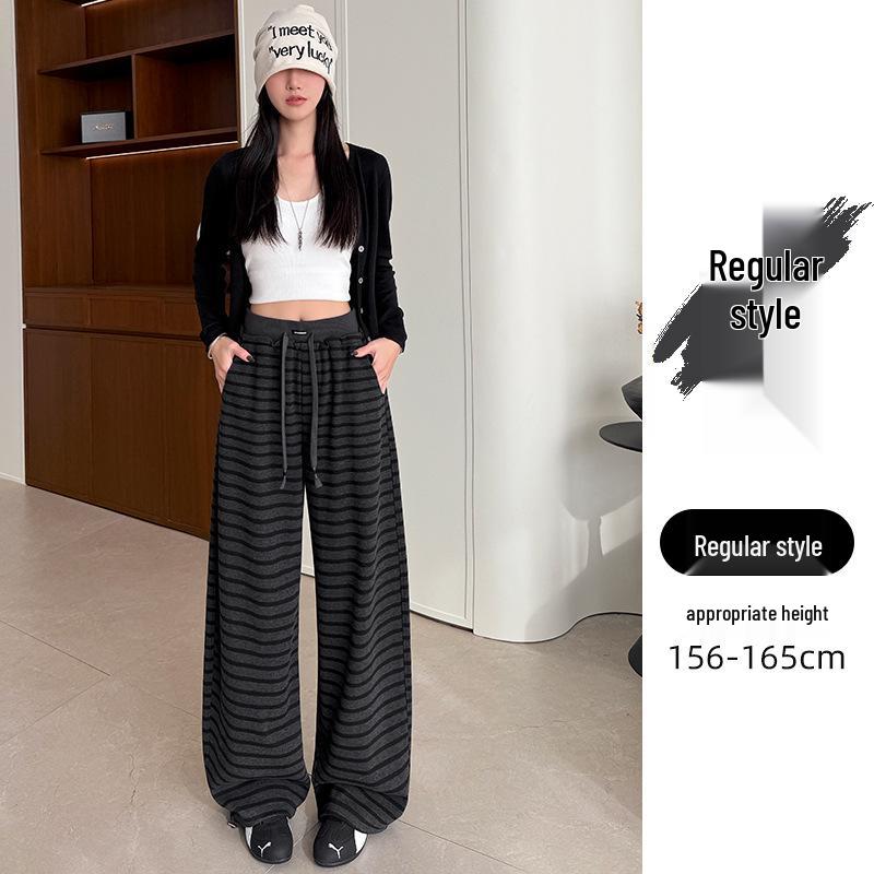 Women's High Waist Gray Striped Wide-Leg Pants - Early Spring 2026 Casual, Slimming, Relaxed Fit