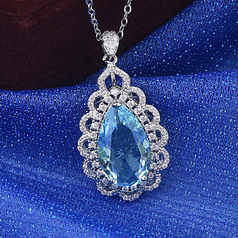 European & American Luxury Sea Blue Topaz Water Drop Pendant Necklace