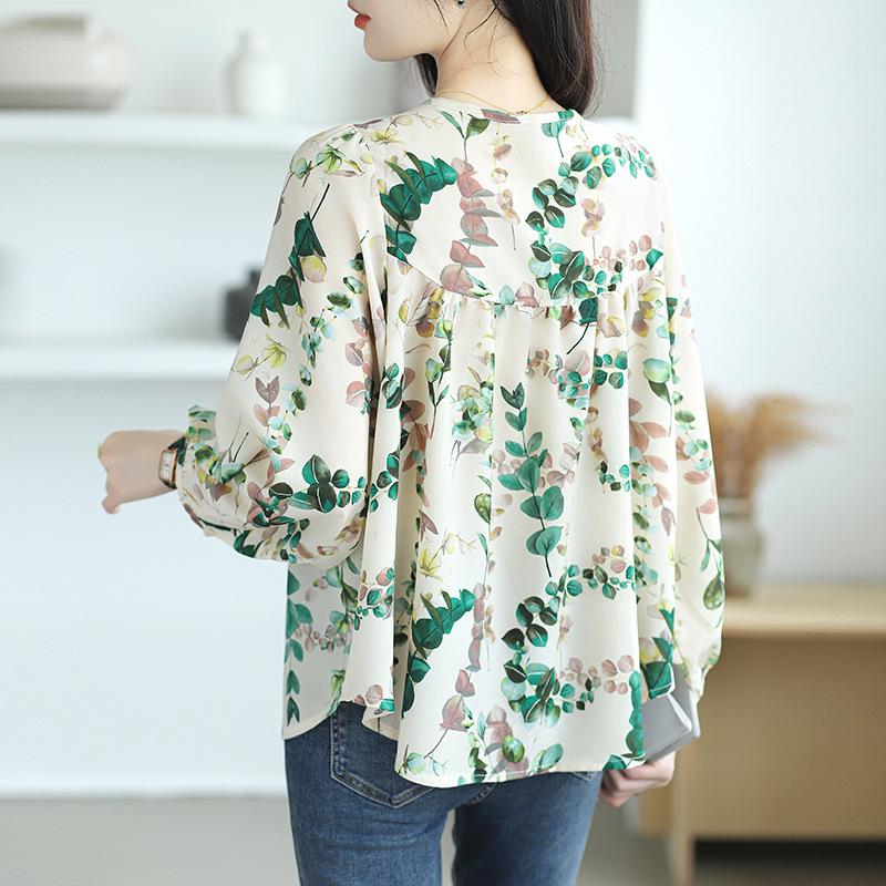 Round Necked Women's Long Sleeved Autumn Printed Shirt with Mulberry Print Top