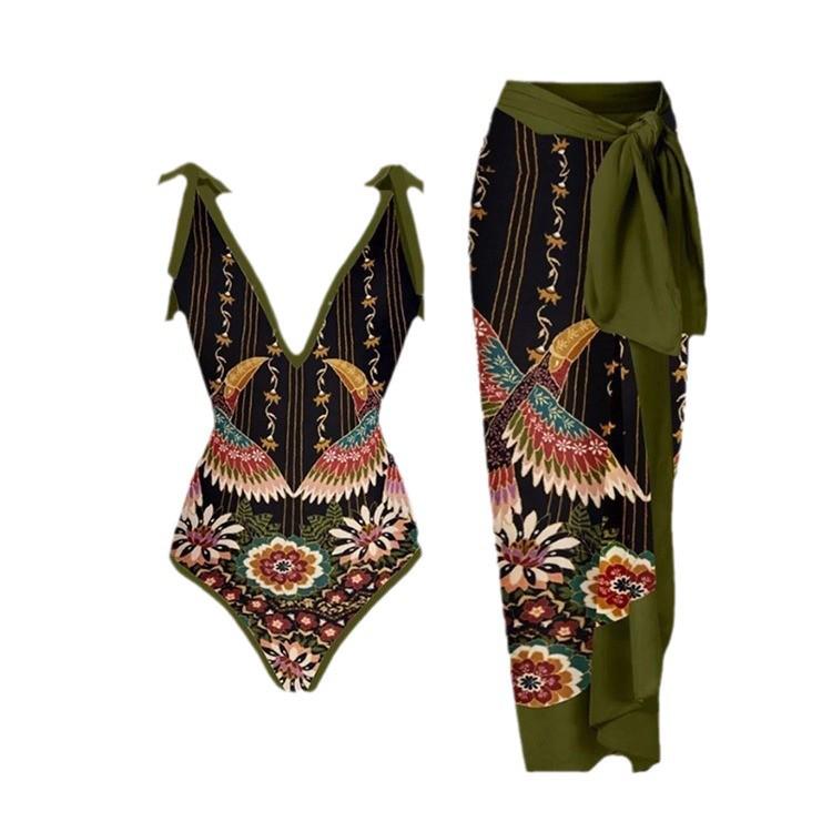 2024 European & American Retro Print Swimsuit & Beach Dress Set for Women
