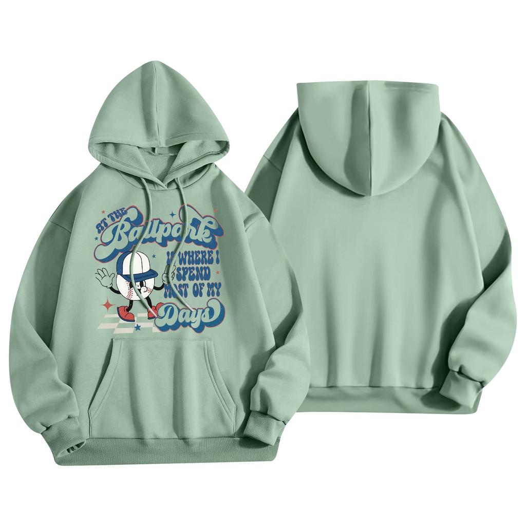 Dammode Lättviktig Långärmad Pullover Med Fickor Baseballtryck Hoodie