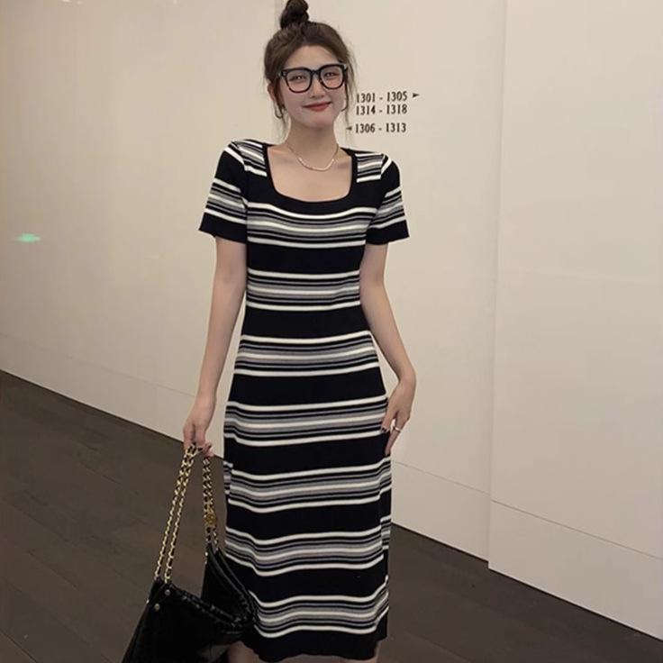 Striped Casual Knitted Dress - Women's Summer 2025, Loose Slimming Mid-Length, Short-Sleeve Lazy Style