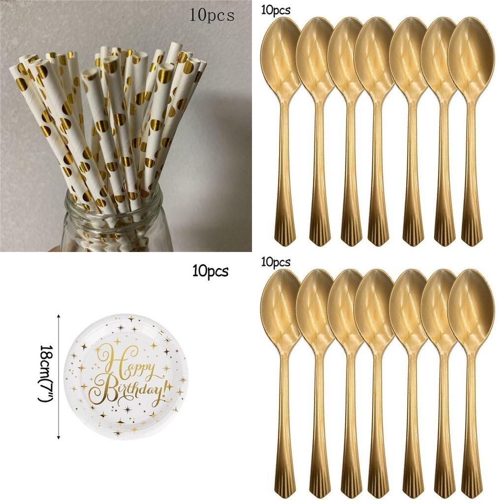 Elegant Gold Polka Dot Stamping Happy Birthday Party Decor Supplies Disposable Tableware Set
