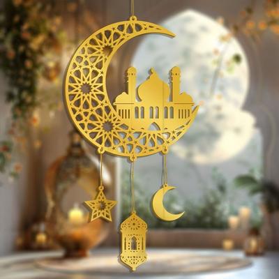 Pendentif Mural en Acrylique Eid Mubarak Miroir Doré Ramadan Kareem Panneau de Porte Décoration Suspendue Lune Étoile Ornements Pendents