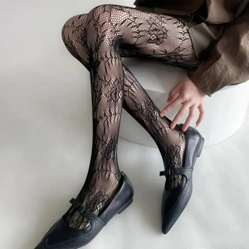 Women Sexy Hollow Out Mesh Fishnet Pantyhose Lolita Sweet Girls Punk Style Floral Tights Colorful Thigh High Stockings Lingerie