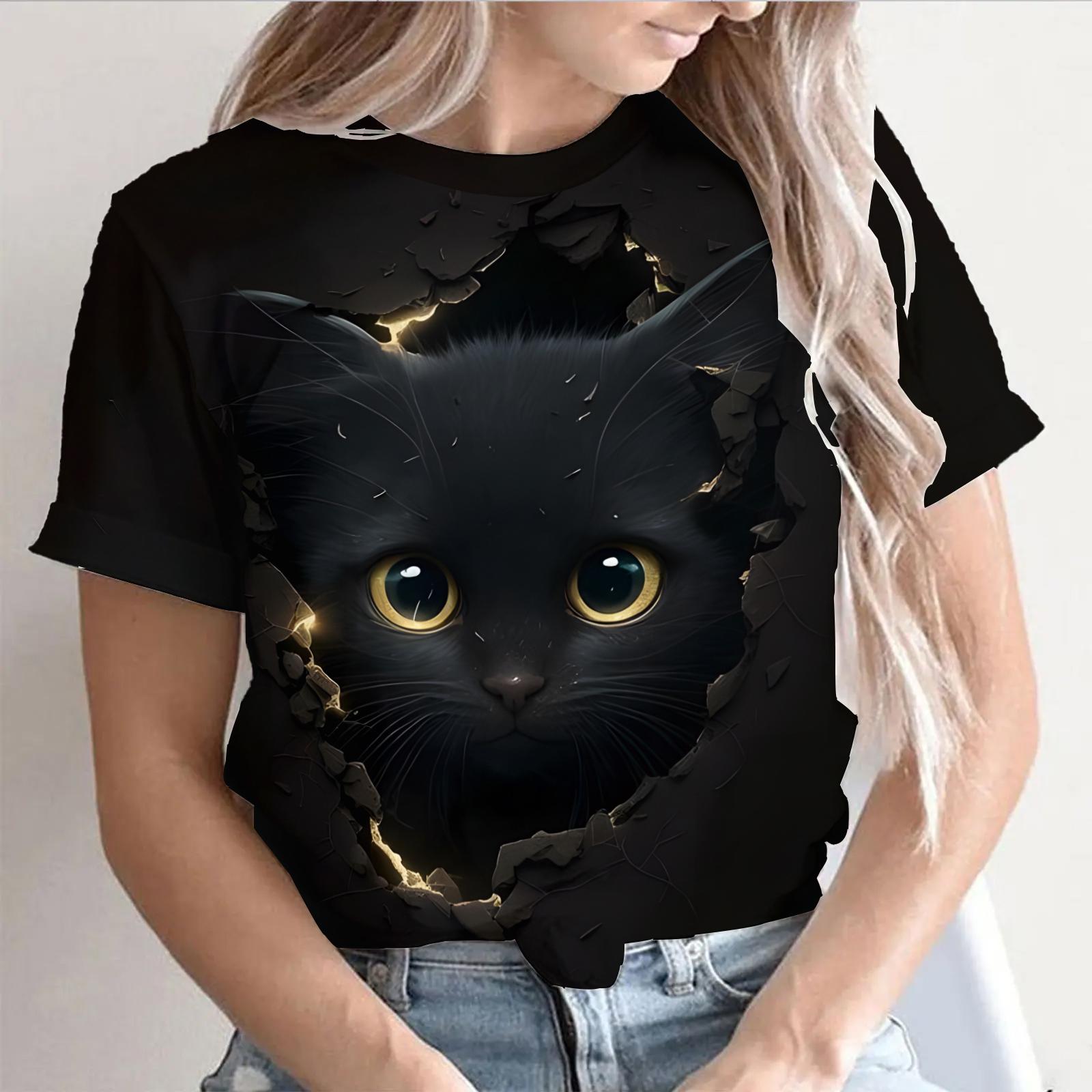 

Женские футболки для девочек, футболка с 3D принтом кота, летняя модная повседневная уличная футболка с короткими рукавами, футболки, женская одежда Y2k 6XL