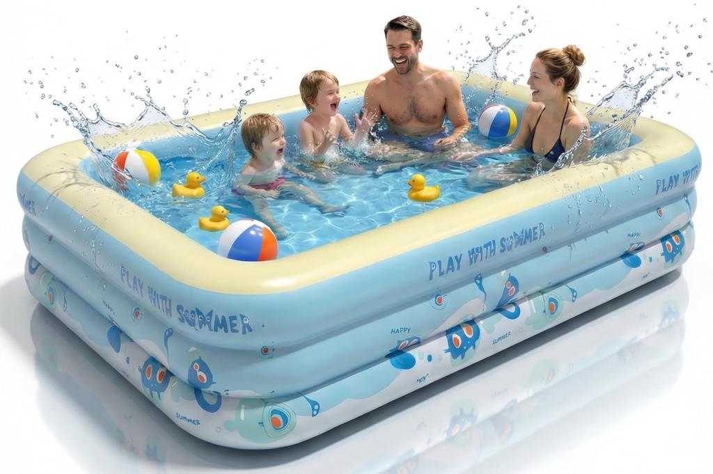 New for 2026 Bicato Family Pool, Large 3m Inflatable Pool (300cm X 165cm X 50cm), Rectangular, 3-Cavity, Thick PVC, Large Capacity, Foldable, Easy