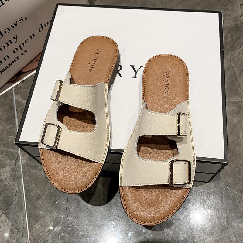 Leather Women's Slippers Summer Women's Casual Slippers with Double Button Ox Tendon Sole Outdoor Non Slip Beach Slippers