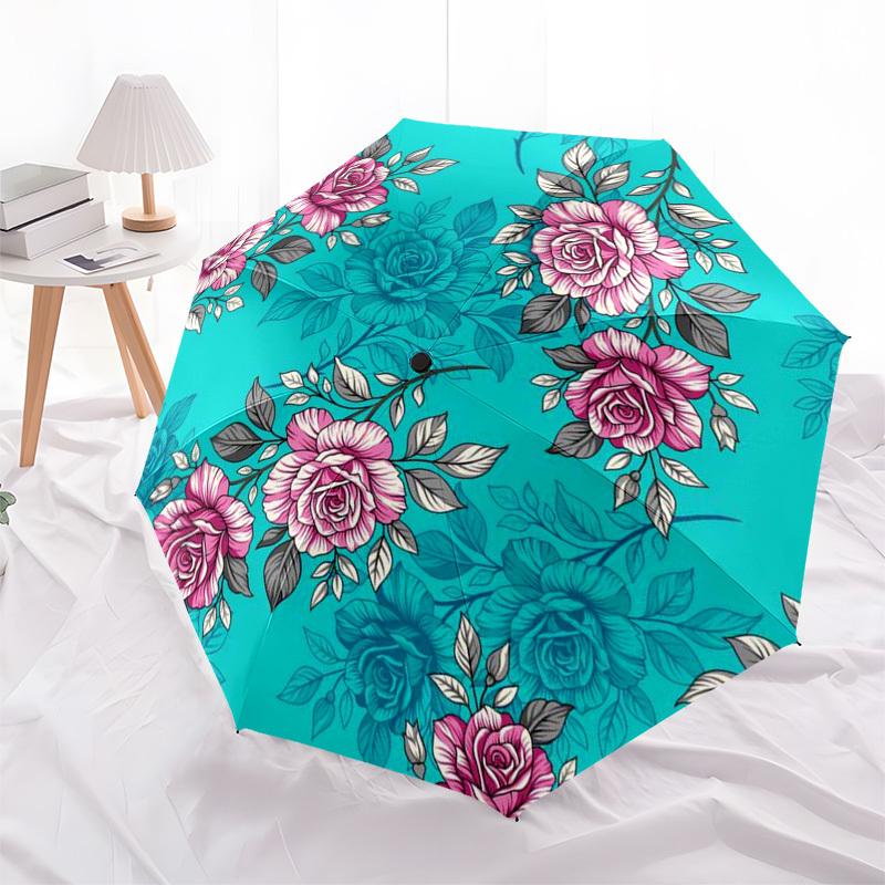 

1pc Floral Pattern with Pink Roses on Teal Background Umbrella with Plastic Handle,Compact & Stylish,Suitable for All Seasons ptys26007